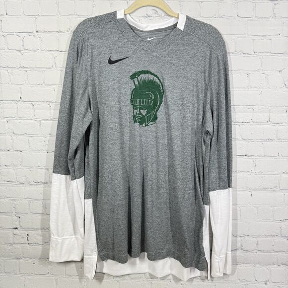 Nike Spartan Long Sleeve Shirt Men Large Gray White Layered Streetwear Dri Fit - Picture 1 of 10